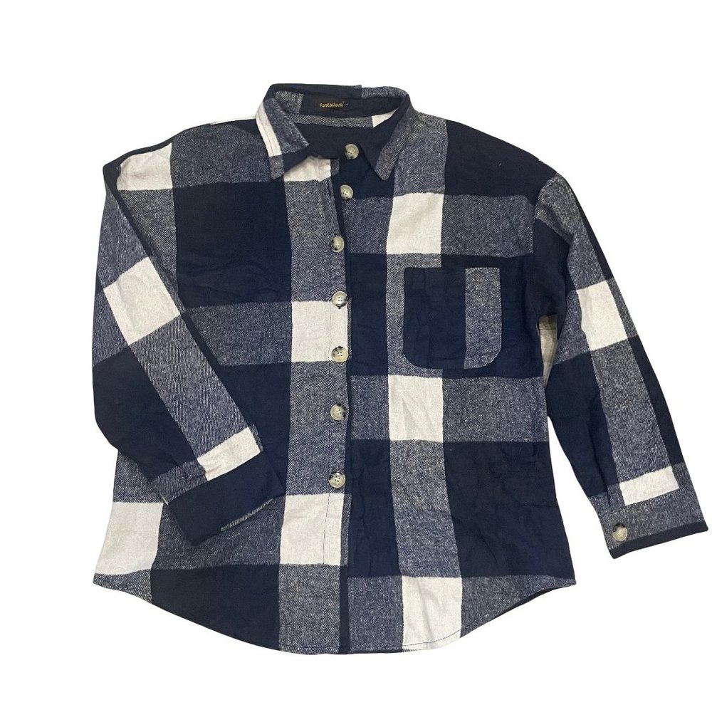 Fantaslook Navy Blue and White Fall Flannel Shacket Shirt - Size Large